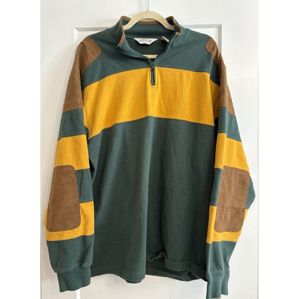 Vintage 90s Orvis Men's Large Green/Yellow‎ 1/4 Zip Rugby Pullover Suede Patches